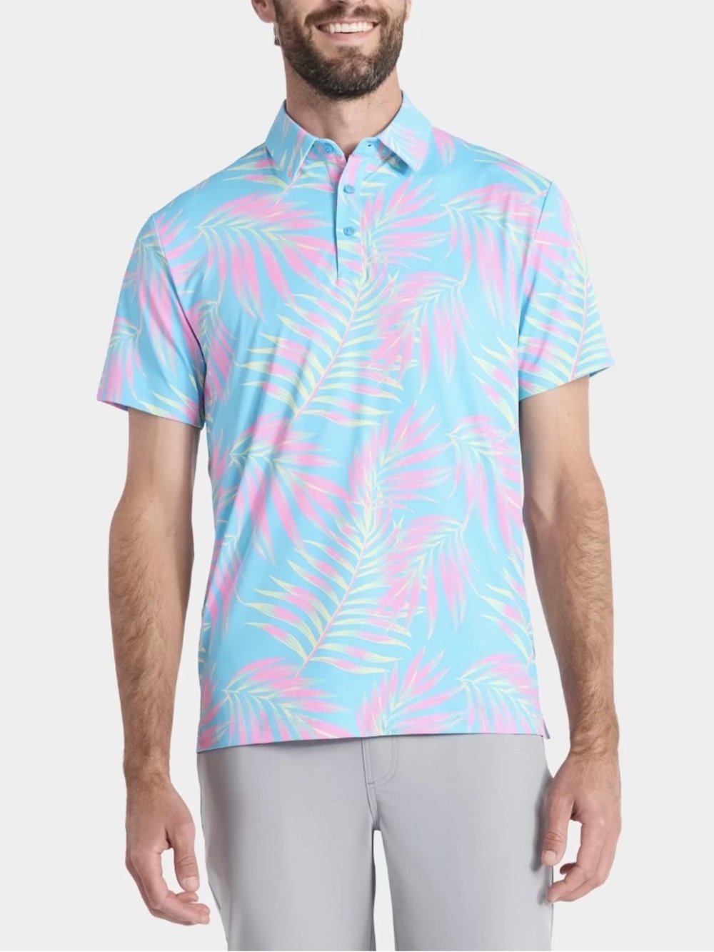 Blue & Pink Tropical Print Polo Golf Shirt